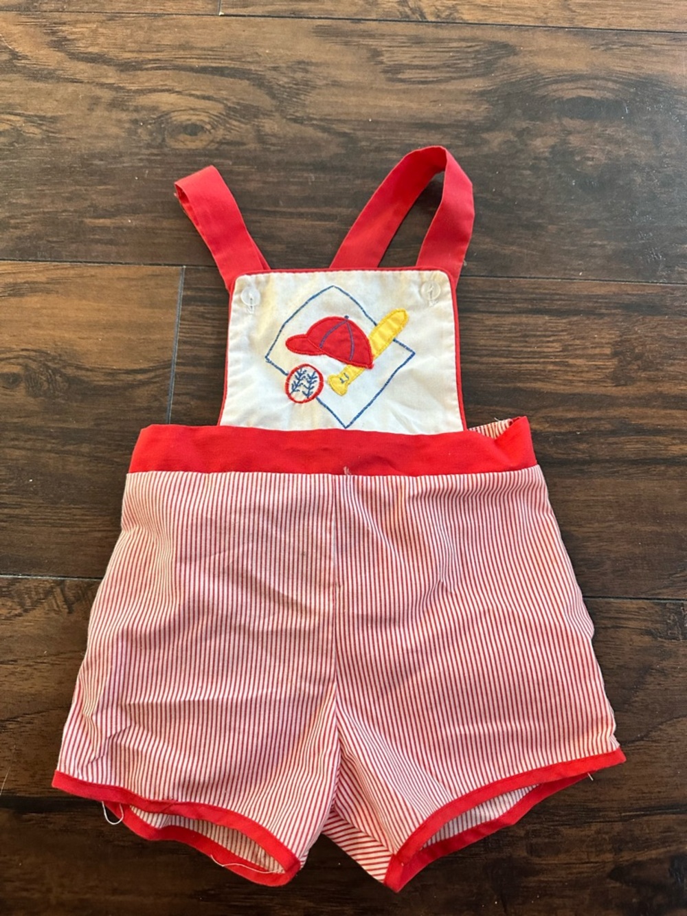 Vintage Red Striped Kids Overall Shorts with Baseball Appliqué 12m